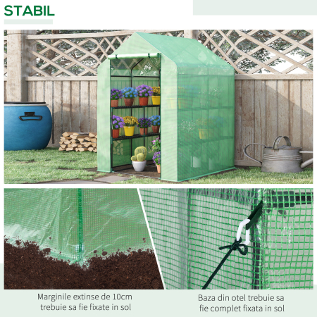  Sera de gradina cu rafturi, protectie din PE si usa care se ruleaza, 143L x 138l x 190H cm, verde [6]