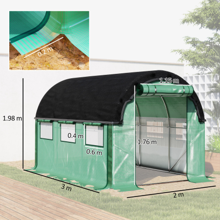  Sera de Gradina Tip Tunel 3x2x2 m cu Plasa de Umbrire, Sera pentru Gradina 6 Ferestre, 2 Usi si Pereti Laterali Rulabili, Structura din Otel si Acoperis PE, pentru Legume si Flori, Verde [2]