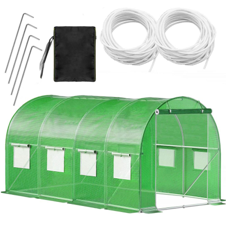 Sera gradina tip tunel 200x450x200 cm, folie PE 140g/m2 UV4, 9 ferestre cu plase tantari, usa cu incuietori, 9 mp, verde [22]