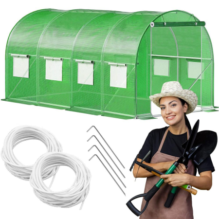 Sera gradina tip tunel 200x450x200 cm, folie PE 140g/m2 UV4, 9 ferestre cu plase tantari, usa cu incuietori, 9 mp, verde [1]