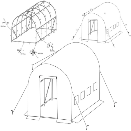 Sera gradina tip tunel 200x450x200 cm, folie PE 140g/m2 UV4, 9 ferestre cu plase tantari, usa cu incuietori, 9 mp, verde [15]