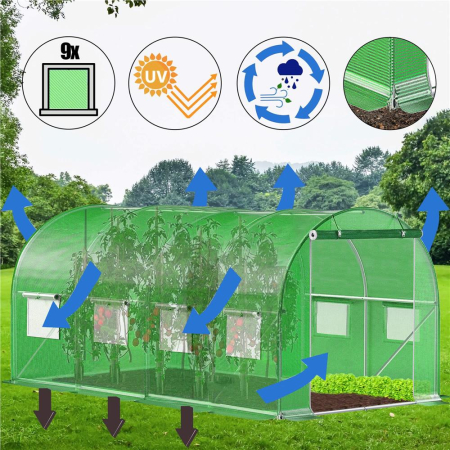 Sera gradina tip tunel 200x450x200 cm, folie PE 140g/m2 UV4, 9 ferestre cu plase tantari, usa cu incuietori, 9 mp, verde [27]