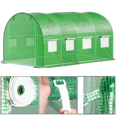 Sera gradina tip tunel 200x450x200 cm, folie PE 140g/m2 UV4, 9 ferestre cu plase tantari, usa cu incuietori, 9 mp, verde [18]