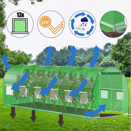 Sera gradina tip tunel 300x600x200 cm, folie PE 140g/m2 UV4, 13 ferestre cu plase tantari, usa lata, 18 mp, verde [5]