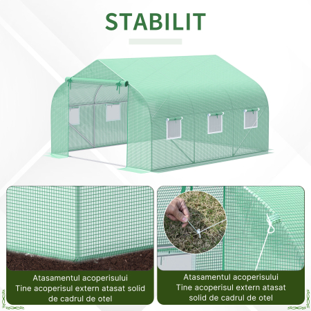  Sera de Gradina Tunel cu Usa Rulanta, 6 Ferestre si Acoperis invelit PE pentru Plante, 3,5x3x2 m, Verde [4]