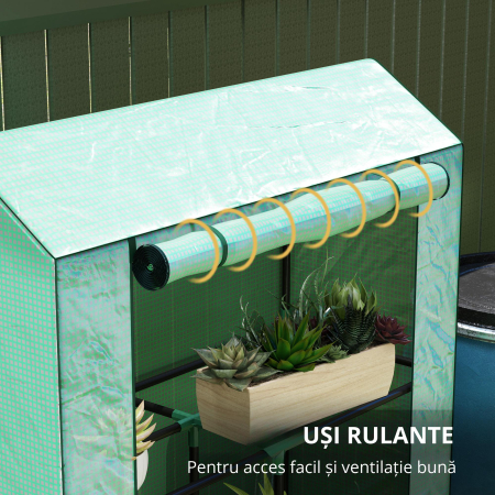  Sera Mini cu 3 Niveluri, Copertina din PE cu Armatura si Usa Rulabila, 100x40x150 cm, Verde [4]
