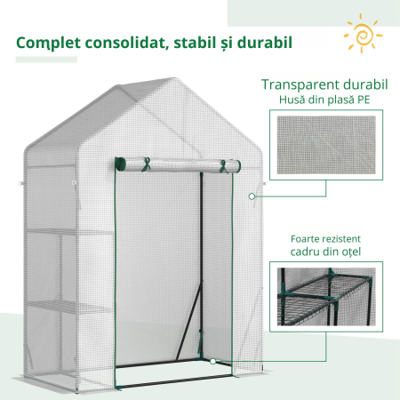  Sera pentru Gradina pentru Exterior cu 2 Rafturi, Usa tip Rulou, 143x73x195cm, Alb [3]