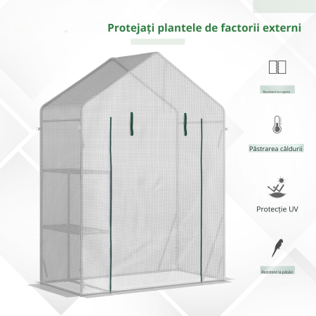  Sera pentru Gradina pentru Exterior cu 2 Rafturi, Usa tip Rulou, 143x73x195cm, Alb [5]