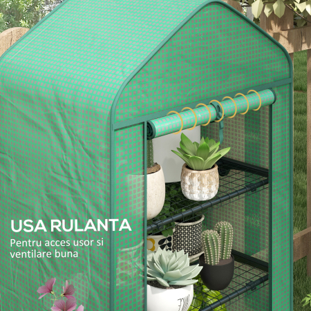  Sera pentru Plante cu 4 Rafturi si Usa Rulabila, din Metal si PE, 69x49x158 cm, Verde inchis [4]