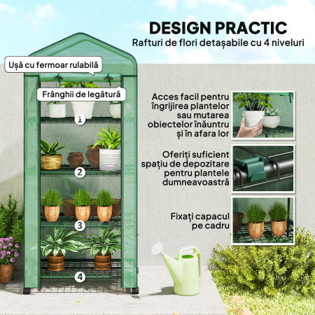  Sera Portabila, Sera pentru Plante, Flori, Structura Exterioara cu 4 Rafturi, Acoperire PE, Verde [5]