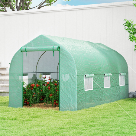  Sera Tip Tunel Anti-UV cu 6 Ferestre cu Plasa si Intrare Rulabila, din Metal si PE, 4x2x2 m, Verde [8]