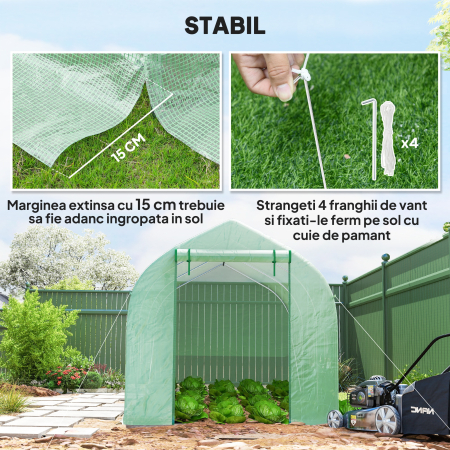  Sera Tip Tunel Anti-UV cu 6 Ferestre cu Plasa si Intrare Rulabila, din Metal si PE, 4x2x2 m, Verde [4]