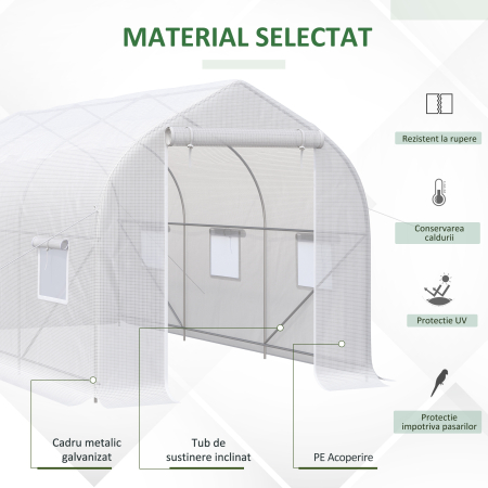  Sera Tip Tunel Anti-UV cu 6 Ferestre cu Plasa si Intrare Rulabila, Metal si PE, 4x2x2 m, Alb [3]