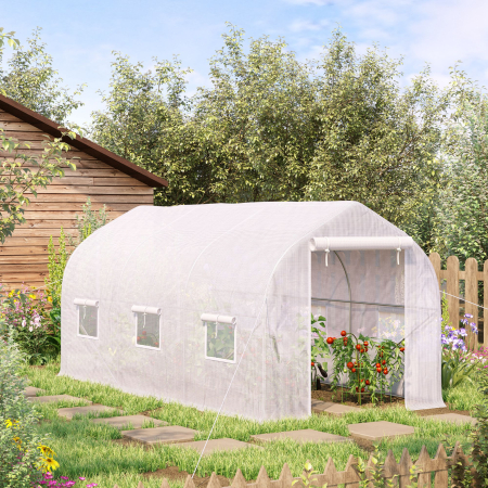  Sera Tip Tunel Anti-UV cu 6 Ferestre cu Plasa si Intrare Rulabila, Metal si PE, 4x2x2 m, Alb [1]
