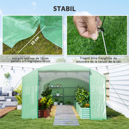  Sera tip tunel cu 3 usi rulabile si 6 ferestre, din otel galvanizat si PE, 6x3x2 m, verde [7]