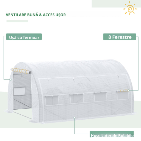  Sera Tip Tunel cu Usa, Panouri si 8 Ferestre Rulabile, din Otel Galvanizat si PE, 3.97x3x2 m, Alb [6]