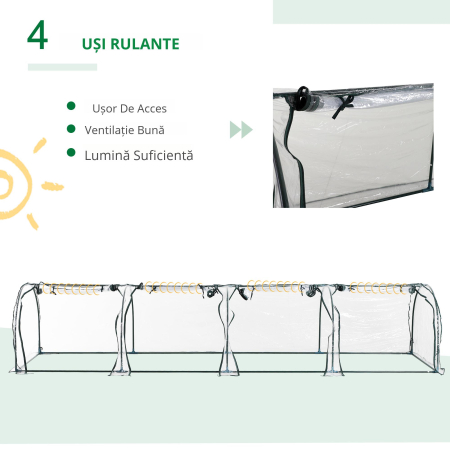  Sera tip tunel din otel si folie PVC impermeabila si anti-UV cu 4 usi cu fermoar, 395x100x80 cm, verde inchis si transparenta [6]