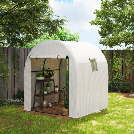  Sera Tip Tunel pentru Gradina 1.8x1.8x2 m din Otel si PE Anti-UV cu Usi Rulabile si Ferestre, Alba [1]
