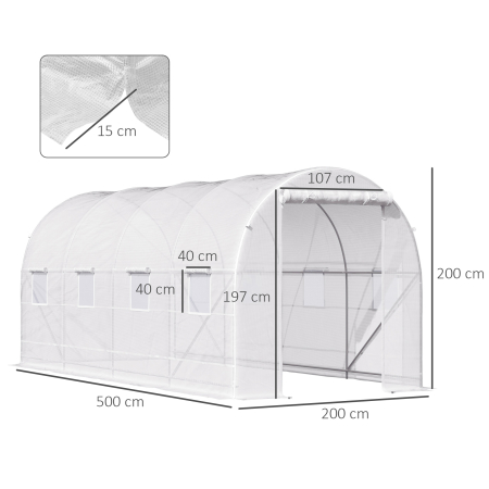  Sera tunel cu 8 ferestre si usa rulanta, sera de gradina tunel pentru plante, 5x2x2m, alb [2]