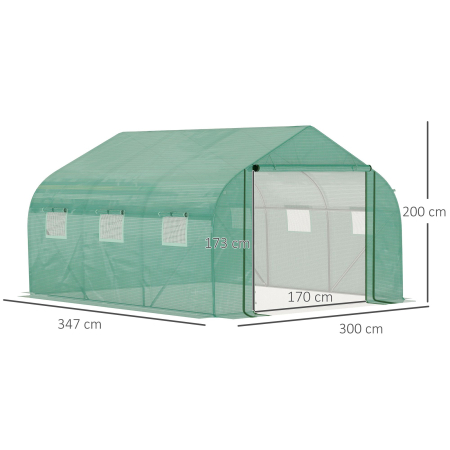  Sera Tunel cu Protectie PE si Structura din Otel, Poarta Tip Rulou si 6 Ferestre, 347x300x200 cm, Verde [2]