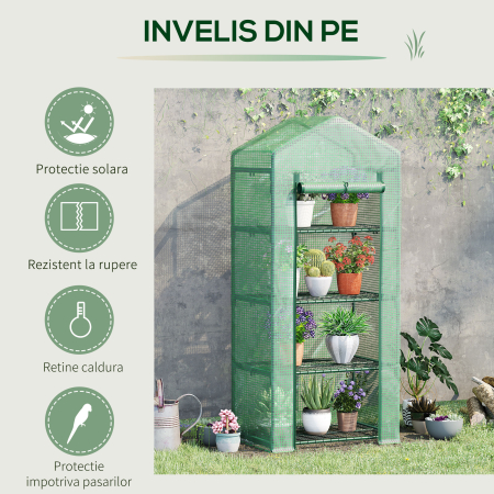  Sera verticala cu raft pe 4 niveluri, sera cu balcon si terasa din otel si PE verde inchis, 70x50x160cm [4]