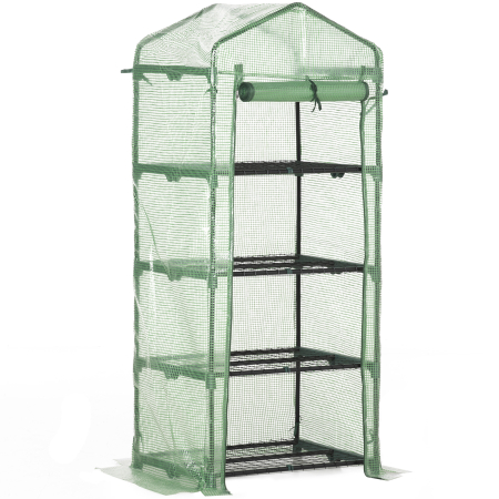 Prelate, pavilioane, umbrele terasa -  Sera verticala cu raft pe 4 niveluri, sera cu balcon si terasa din otel si PE verde inchis, 70x50x160cm