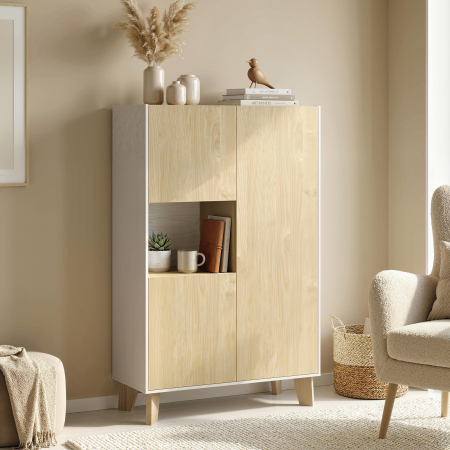  Servanta de Bucatarie, Mobilier de Bucatarie cu 6 Compartimente cu Usi Soft Close pentru Living, Sufragerie, Alb si Lemn [1]