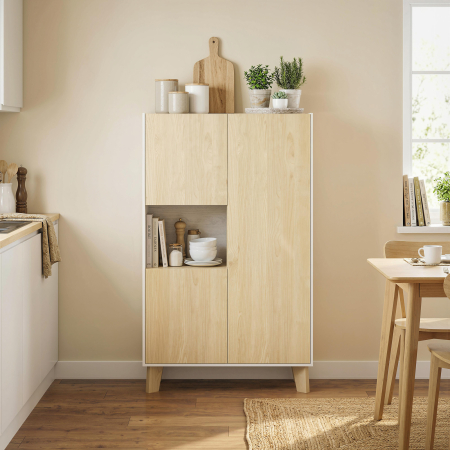  Servanta de Bucatarie, Mobilier de Bucatarie cu 6 Compartimente cu Usi Soft Close pentru Living, Sufragerie, Alb si Lemn [8]