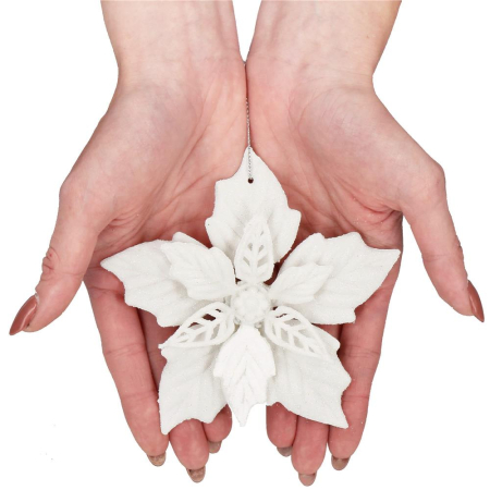 Set 10 flori de Craciun 12 cm, ornamente cu sclipici, plastic, alb [10]