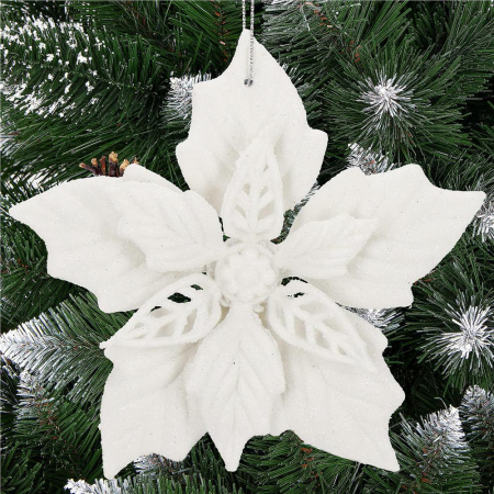 Set 10 flori de Craciun 12 cm, ornamente cu sclipici, plastic, alb [6]