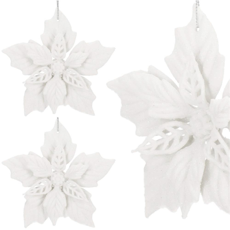 Set 10 flori de Craciun 12 cm, ornamente cu sclipici, plastic, alb [3]