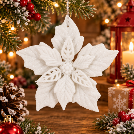 Decoratiuni Craciun - Set 10 flori de Craciun 12 cm, ornamente cu sclipici, plastic, alb