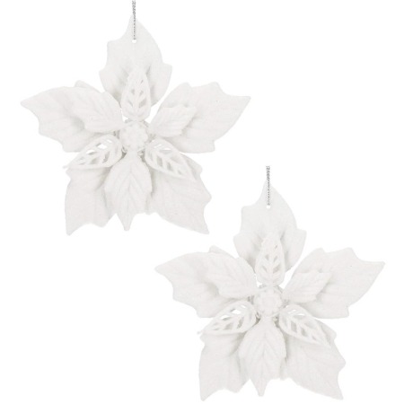 Set 10 flori de Craciun 12 cm, ornamente cu sclipici, plastic, alb [1]