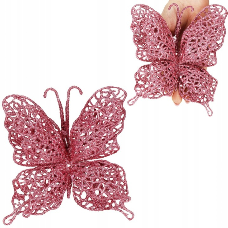 Set 10 ornamente pentru bradul de Craciun, Fluture cu sclipici, 16cm, roz [2]