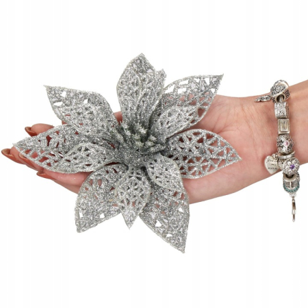 Set 10 ornamente pentru bradul de Craciun, stea Poinsettia, 10cm, argintiu [3]