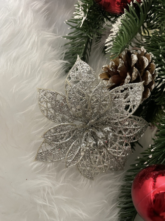 Set 10 ornamente pentru bradul de Craciun, stea Poinsettia, 10cm, argintiu [7]