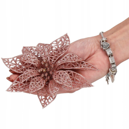 Set 10 ornamente pentru bradul de Craciun, stea Poinsettia, 10cm, roz [2]