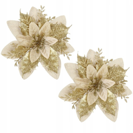 Set 10 ornamente pentru bradul de Craciun, stea Poinsettia, 13cm, auriu crem [2]