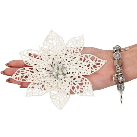 Set 10 ornamente pentru bradul de Craciun, stea Poinsettia, 14cm, alb cu sclipici [3]