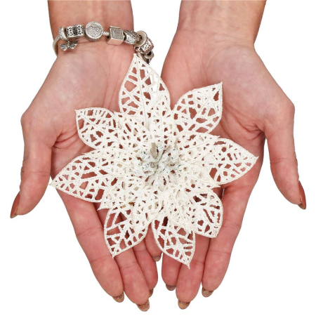 Set 10 ornamente pentru bradul de Craciun, stea Poinsettia, 14cm, alb cu sclipici [7]