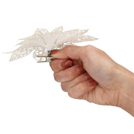 Set 10 ornamente pentru bradul de Craciun, stea Poinsettia, 14cm, alb cu sclipici [4]
