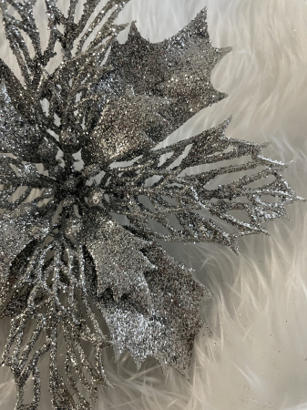 Set 10 ornamente pentru bradul de Craciun, stea Poinsettia, 16cm, argintiu [6]