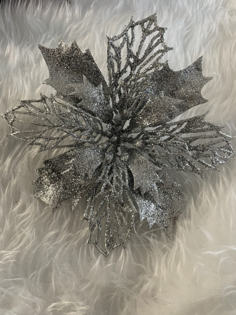 Set 10 ornamente pentru bradul de Craciun, stea Poinsettia, 16cm, argintiu [5]