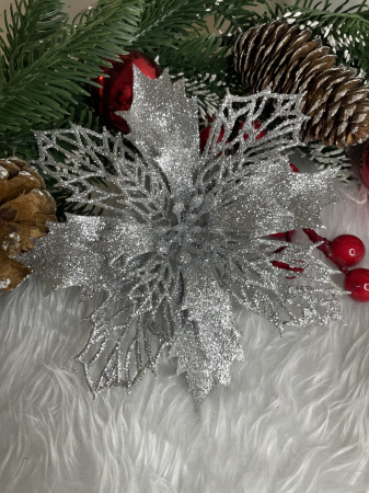 Set 10 ornamente pentru bradul de Craciun, stea Poinsettia, 16cm, argintiu [7]