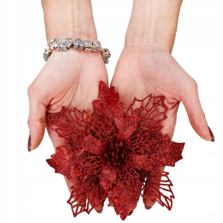 Set 10 ornamente pentru bradul de Craciun, stea Poinsettia, 16cm, visiniu [1]