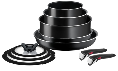 Vase & ustensile pentru gatit - Set 10 piese Ingenio Easy Cook & Clean Tefal L1539053, manere detasabile, 16-28cm, aluminiu, negru