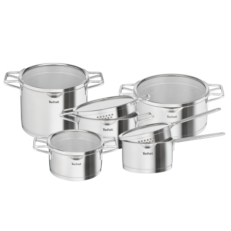 Bucatarie - Set 10 piese Tefal Nordica H852SA56, craticioara 16 cm, oale 18/20/24 cm, oala pentru paste 22 cm, capace din sticla cu strecurare, inox, baza Thermo-