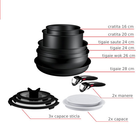 Set 13 piese Tefal Ingenio Excellence+ P0009753, tigaie de 24/28 cm, wok 26 cm, tigaie saute 24 cm, cratita 16/20 cm, capac ermetic 16/20 cm, capac st [7]