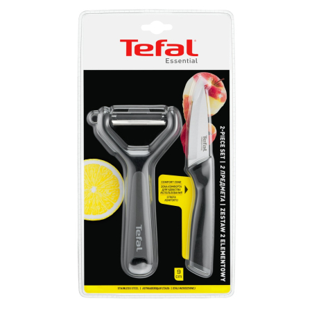 Ustensile bucatarie - Set 2 accesorii Tefal Essential K2212S55, accesoriu pentru decojit legume si fructe, cutit, maner ergonomic, lama 9 cm, negru