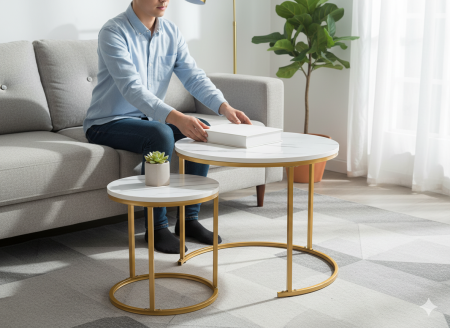 Set 2 masute cafea suprapozabile, MDF si metal, 60x50 cm si 40x40 cm, alb marmura si auriu [1]